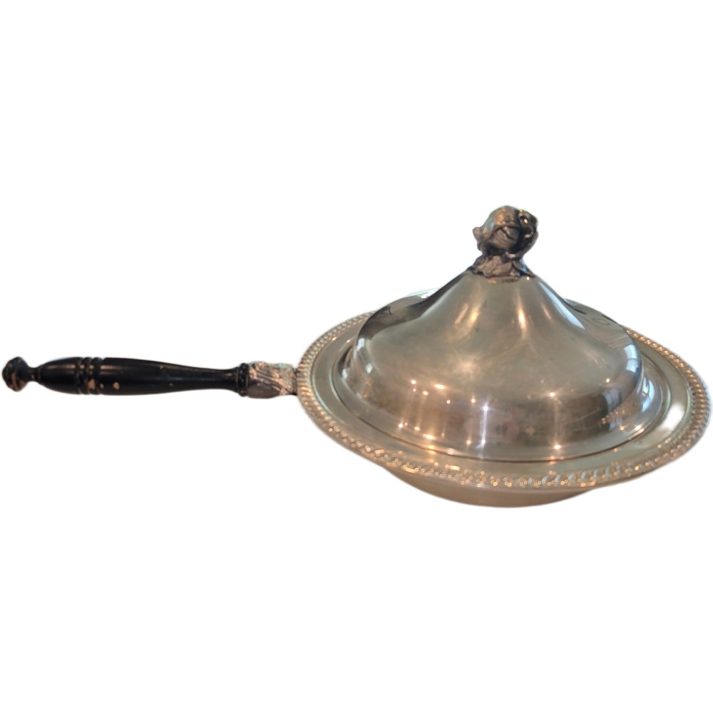 Vintage Silver Plated Silent Butler Crumb Catcher Rose Finial Wood Handle